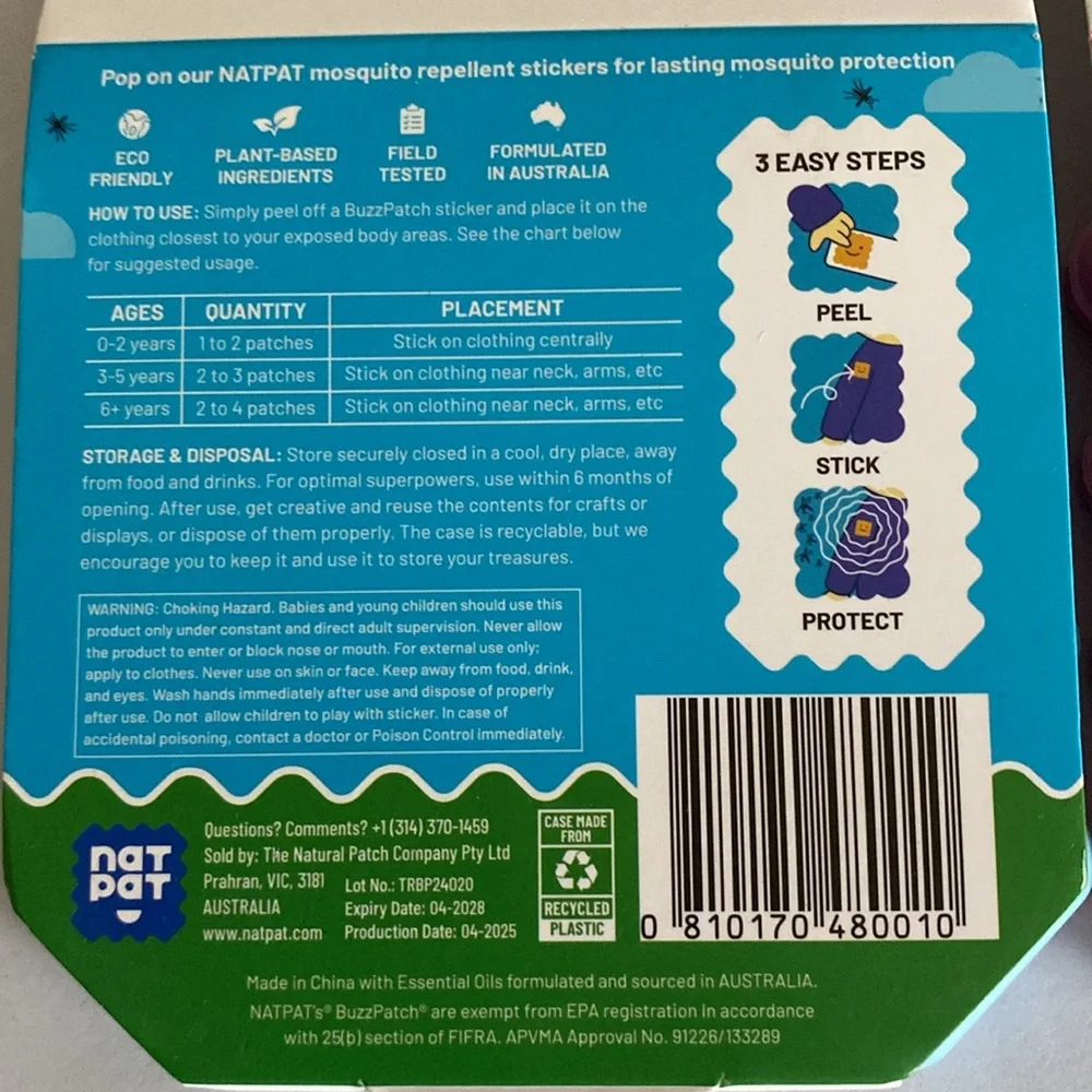 Natpat Mosquito and Tick Repellent Stickers for kids all natural essential oils